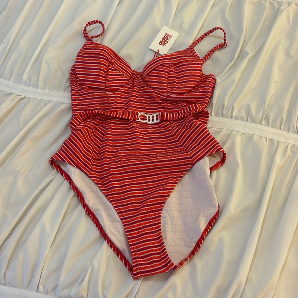 Solid & Striped One-Piece Swimsuit M Spencer Bustier Belted Retro Seersucker Ber